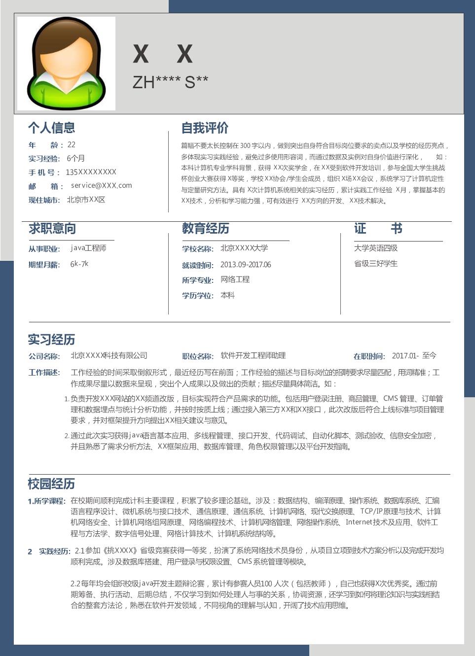 1174_JAVA软件开发工程师相关岗位个人求职简历模板
