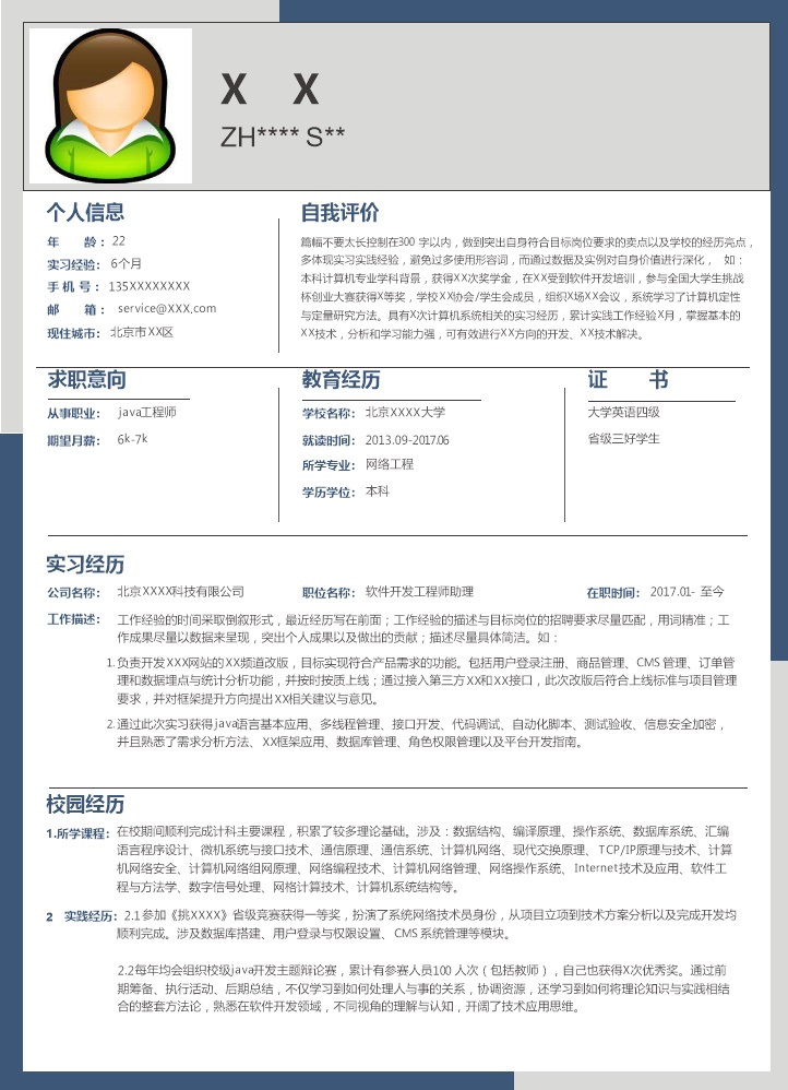5474_JAVA软件开发工程师相关岗位个人求职简历模板