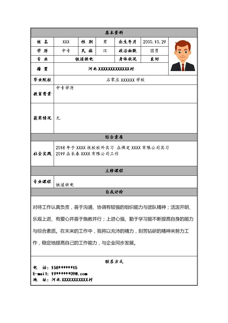 1210_铁道供电相关中专专业毕业生求职简历模板