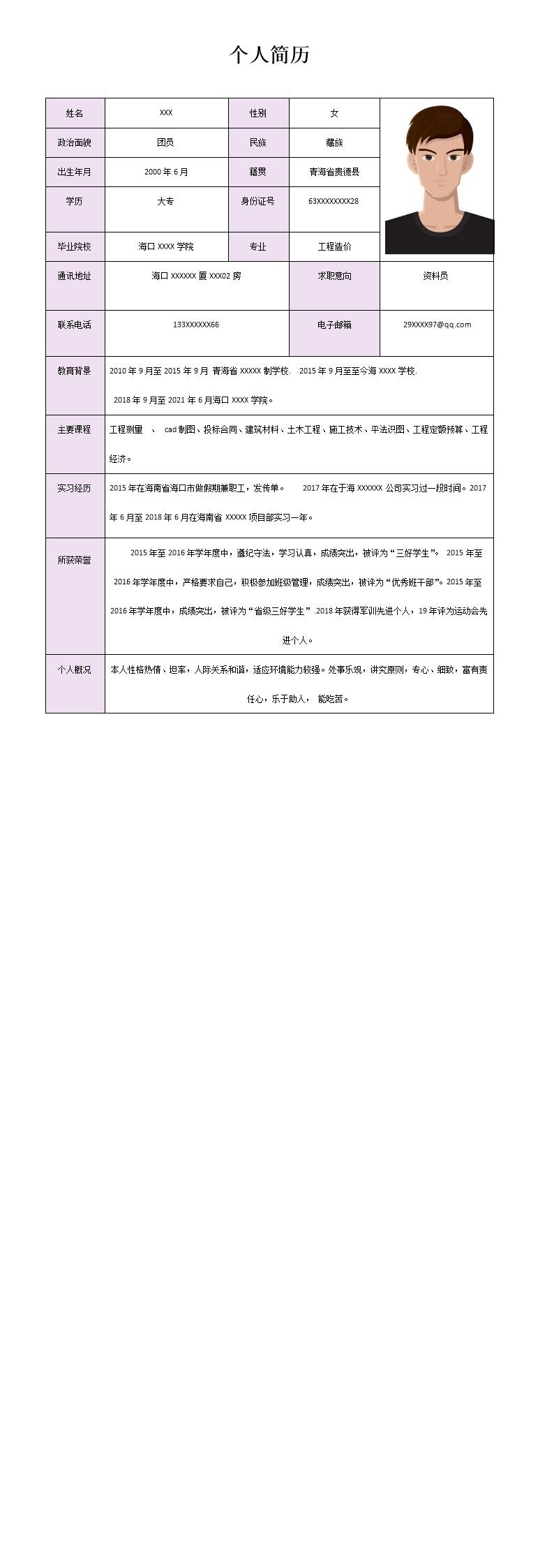 2096_工程造价类相关专业应届生求职简历模板
