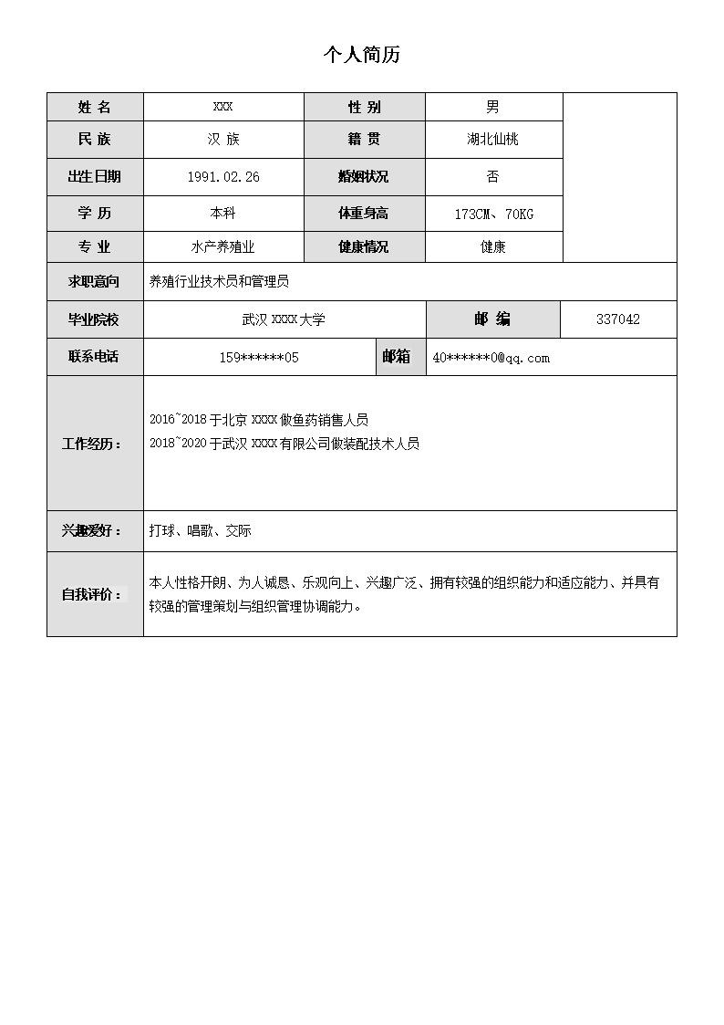 4783_养殖行业技术员及管理员类岗位求职简历模板