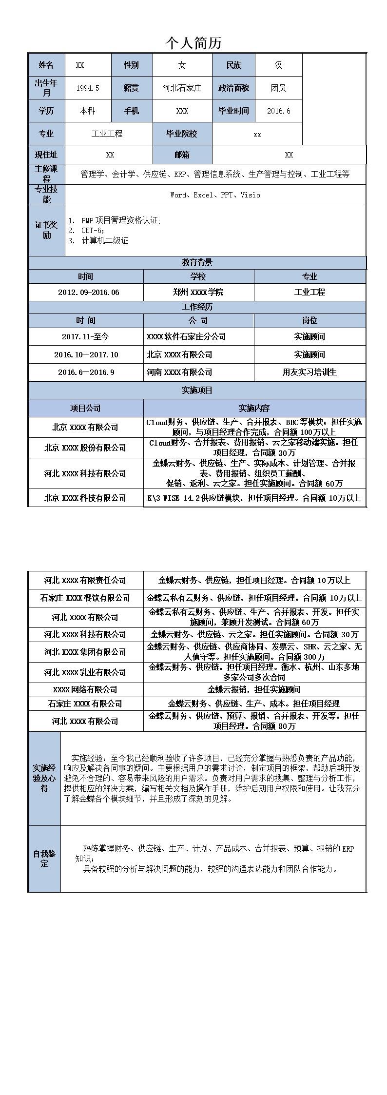 4885_财务管理ERP实施相关岗位求职简历模板