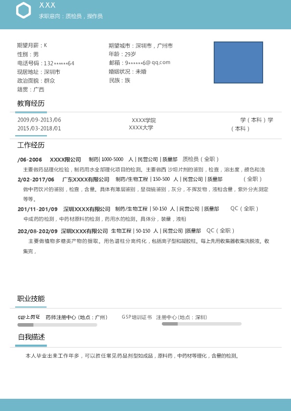 7058_制药生物工程类相关岗位求职简历模板