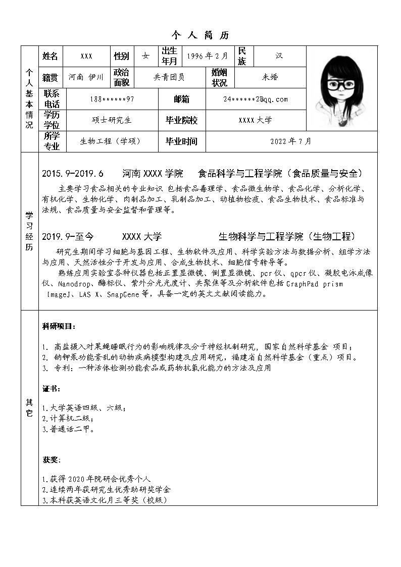 6333_生物工程相关专业硕士毕业生求职简历模板