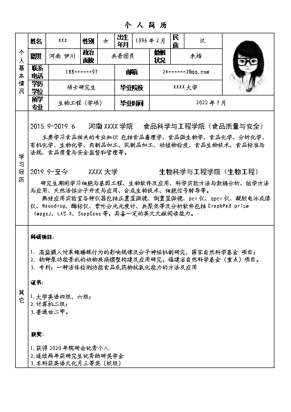 7094_生物工程相关专业硕士毕业生求职简历模板