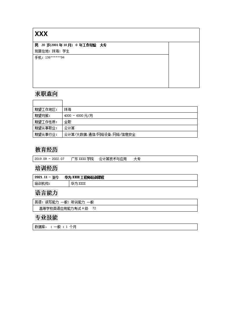 3576_云计算技术与应用相关专业求职简历模板