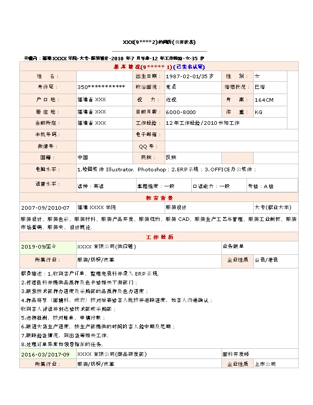 7460_服装设计面料贸易行业相关岗位求职简历模板