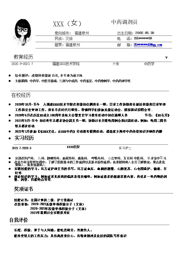 7522_中药学相关专业应届生求职简历模板