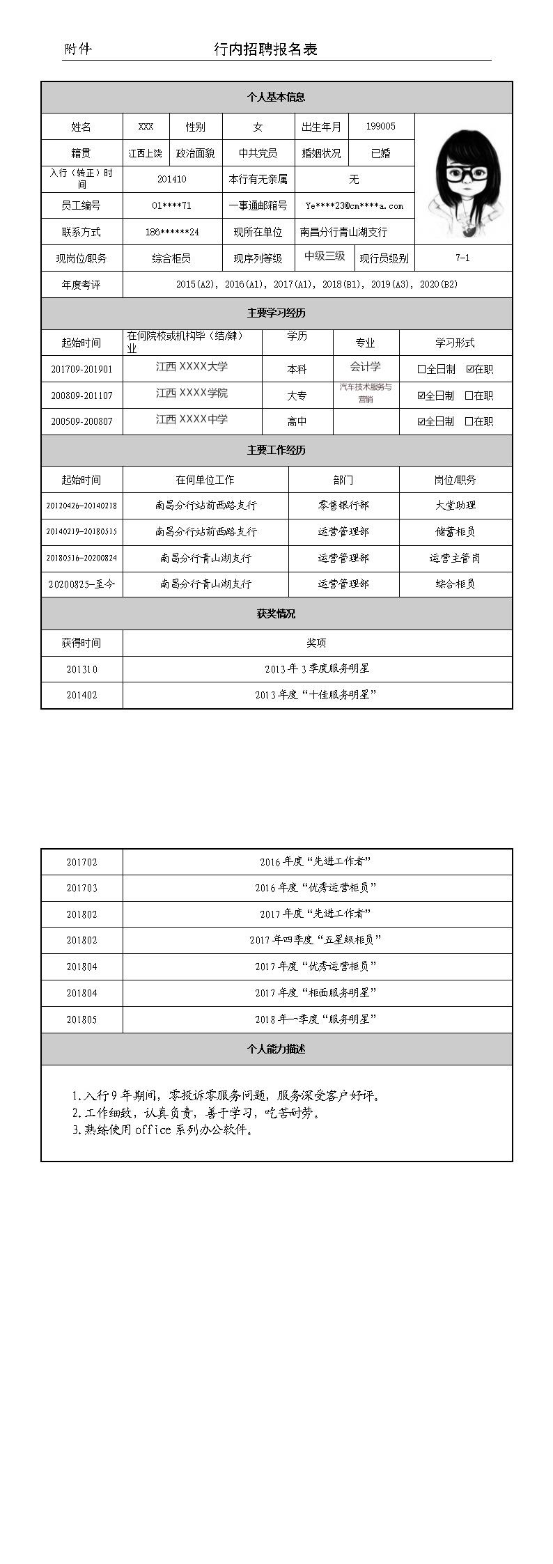 7169_某银行内部岗位招聘简历模板表