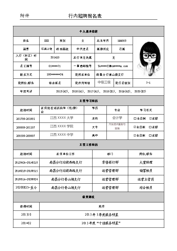 8155_某银行内部岗位招聘简历模板表