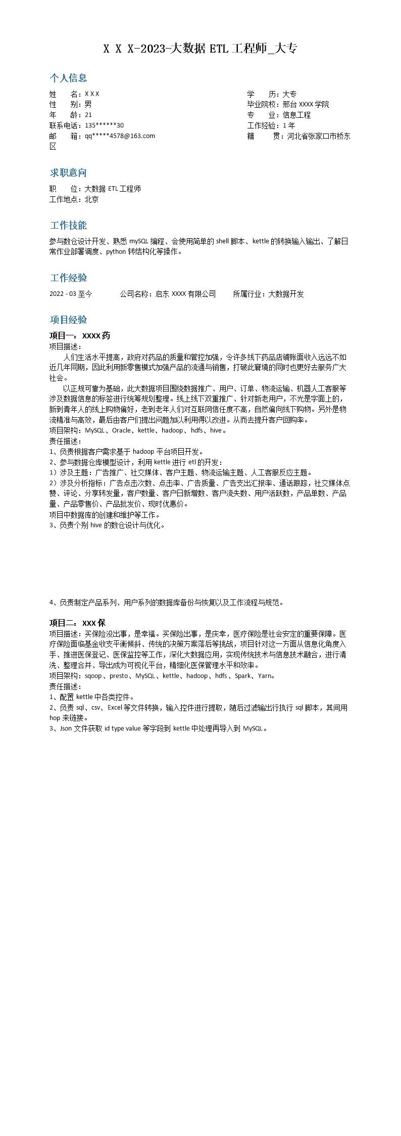 1865_大数据ETL工程师相岗位求职简历模板